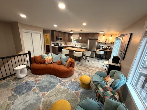 Brand new and fully remodeled: living room, kitchen and deck in one open space