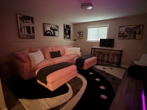 Movie night downstairs, with the fireplace glowing